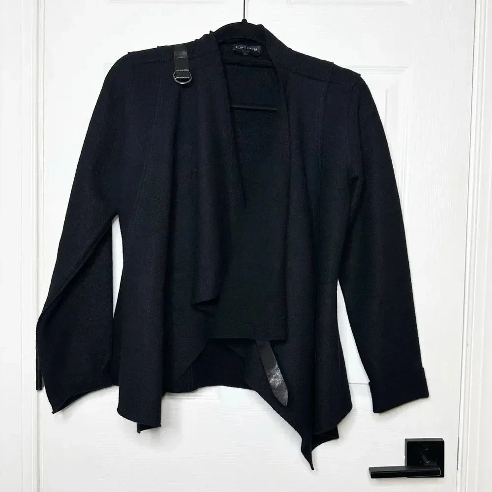 EILEEN FISHER 100% Wool Black‎ Drape Leather Buckle Jacket Size Small Minimalist